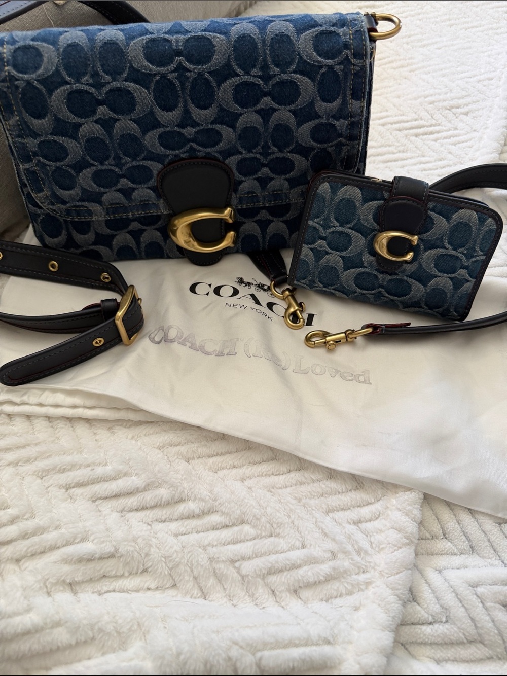 Coach Blue Denim Signature C Flap Crossbody with Matching Card Case